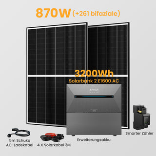 Anker Solarbank 2 E1600 AC + Smarter Zähler - 3200Wh Solarspeicher / 2 x 435Wp Bifaziale Solarmodule / Versand