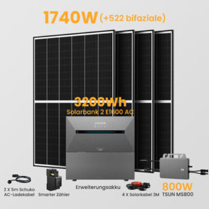 Anker Solarbank 2 E1600 AC + Smarter Zähler - 3200Wh Solarspeicher / 4 x 435Wp Bifaziale Solarmodule + TSUN 800W Wechselrichter / Abholung Meerbusch