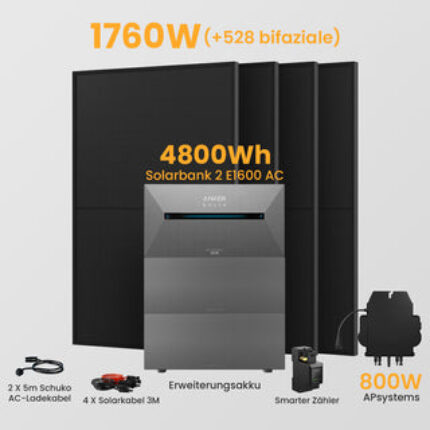 Anker Solarbank 2 E1600 AC + Smarter Zähler - 4800Wh Solarspeicher / 4 x 440Wp Bifaziale Solarmodule + APsystems 800W Wechselrichter / Powerness Express