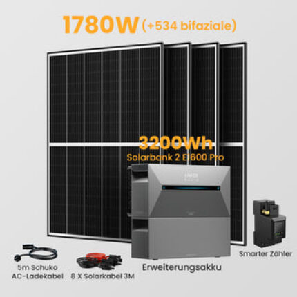 Anker Solix Solarbank 2 E1600 Pro 3200Wh Balkonkraftwerk Set, mit Smarter Zähler - Solarbank 2 E1600 Pro + 4 x 445Wp Bifaziale Solarmodule + Erweiterungsakku / mit Halterung Balkonkraftwerk Balkon Haken（runder Haken） / Abholung Hamburg