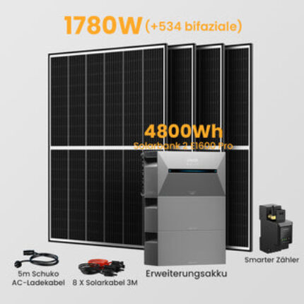Anker Solix Solarbank 2 E1600 Pro 4800/6400Wh Balkonkraftwerk Set, 1620/1760W Solarmodule, mit Smarter Zähler - 6400Wh Solarbank 2 E1600 Pro + 4 x 440Wp Bifaziale Solarmodule / mit Halterung Balkonkraftwerk Balkon Haken（runder Haken） / Abholung Riegelsberg
