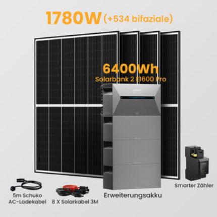 Anker Solix Solarbank 2 E1600 Pro 4800/6400Wh Balkonkraftwerk Set, 1620/1760W Solarmodule, mit Smarter Zähler - 6400Wh Solarbank 2 E1600 Pro + 4 x 445Wp Bifaziale Solarmodule / mit Halterung Balkonkraftwerk für Flachdach / Abholung Tuningen