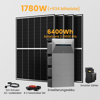Anker Solix Solarbank 2 E1600 Pro 4800/6400Wh Balkonkraftwerk Set, 1620/1760W Solarmodule, mit Smarter Zähler - 6400Wh Solarbank 2 E1600 Pro + 4 x 445Wp Bifaziale Solarmodule / mit Halterung Balkonkraftwerk für Flachdach / Abholung Riegelsberg