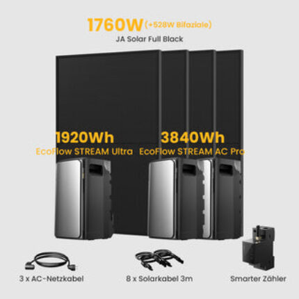 EcoFlow Stream Ultra All-in-One Speicher für Balkonkraftwerke, Deal - Stream Ultra + 2*Stream AC PRO / mit 4 x 440 Full Black Solarmodule / Powerness Express