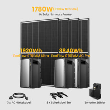 EcoFlow Stream Ultra All-in-One Speicher für Balkonkraftwerke, Deal - Stream Ultra + 2*Stream AC PRO / mit 4 x 445 Black Frame Solarmodule / Powerness Express