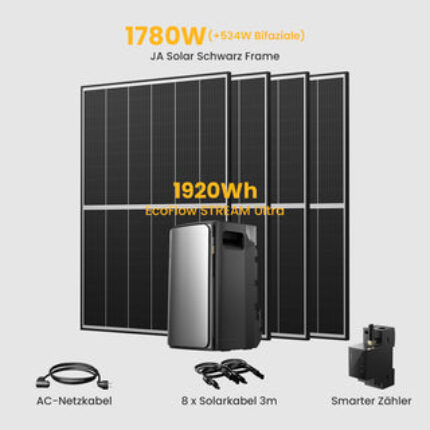 EcoFlow Stream Ultra All-in-One Speicher für Balkonkraftwerke, Deal - Stream Ultra / mit 4 x 445 Black Frame Solarmodule / Standardversand