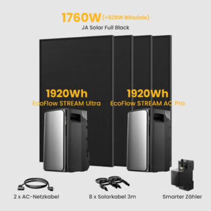 EcoFlow Stream Ultra All-in-One Speicher für Balkonkraftwerke, Deal - Stream Ultra + Stream AC PRO / mit 4 x 440 Full Black Solarmodule / Powerness Express