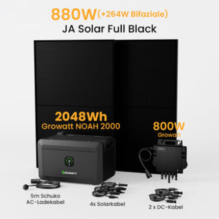 Exklusiv bei Christmas: Growatt NOAH 2000 Balkonkraft Batteriespeicher - 2048Wh Batterie Speicher + 2 x 440W Bifaziale Solarmodule + 800W Wechselrichter / Abholung Berlin