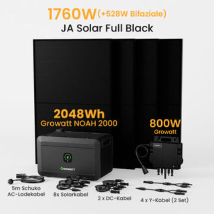 Exklusiv bei Christmas: Growatt NOAH 2000 Balkonkraft Batteriespeicher - 2048Wh Batterie Speicher + 4 x 440W Bifaziale Solarmodule + 800W Wechselrichter / Abholung Berlin