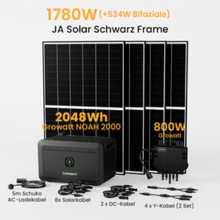 Exklusiv bei Christmas: Growatt NOAH 2000 Balkonkraft Batteriespeicher - 2048Wh Batterie Speicher + 4 x 445W Bifaziale Solarmodule + 800W Wechselrichter / Abholung Berlin