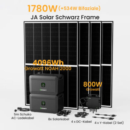 Exklusiv bei Christmas: Growatt NOAH 2000 Balkonkraft Batteriespeicher - 4096Wh Batterie Speicher + 4 x 445W Bifaziale Solarmodule + 800W Wechselrichter / Abholung Berlin