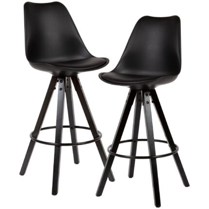 FineBuy 2er Set Barhocker Schwarz Kunstleder / Massivholz, Design Barstuhl Skandinavisch 2 Stück mit schwarzen Beinen, Tresenhocker mit Lehne Sitzhöhe 77 cm