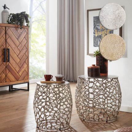 FineBuy Beistelltisch 2er Set Aluminium Design Satztisch Metall Rund, Wohnzimmertisch Couchtisch Ast-Struktur Modern, Sofatisch 2-teilig Wohnzimmer