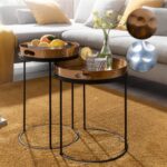 FineBuy Beistelltisch 2er Set Metall Hammerschlag Satztisch Rund, Couchtisch abnehmbares Tablett, Tabletttisch Sofa 2 teilig Modern, Runder Sofatisch