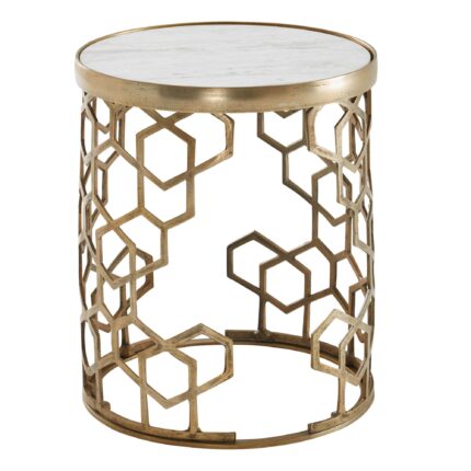 FineBuy Beistelltisch Echter Marmor Weiß 44x44x55 cm Anstelltisch Metall Gold, Kleiner Sofatisch Rund, Wohnzimmertisch Couch Modern, Couchtisch Hoch