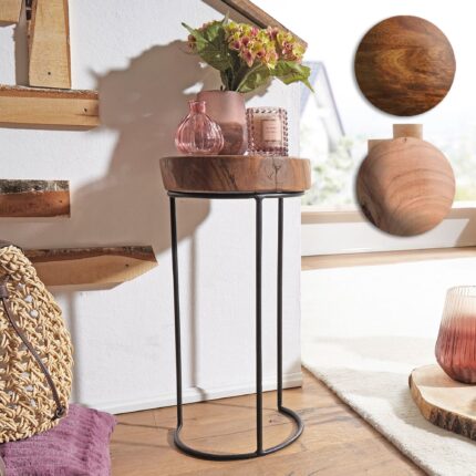 FineBuy Beistelltisch Massiv-Holz Wohnzimmer-Tisch Metallbeine Landhaus Baumstamm-Form Echt-Holz Natur Farbe wählbar