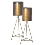 FineBuy Blumentopf 2er Set Metall Pflanzkübel Gold mit Gestell, Design Eisen-Pflanzenkübel Rund, Blumenkübel Pflanzgefäß Indoor Hoch