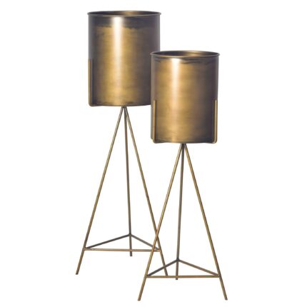 FineBuy Blumentopf 2er Set Metall Pflanzkübel Gold mit Gestell, Design Eisen-Pflanzenkübel Rund, Blumenkübel Pflanzgefäß Indoor Hoch
