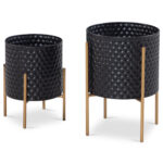 FineBuy Blumentopf 2er Set Metall Pflanzkübel Schwarz / Gold mit Füßen, Design Pflanzenkübel Rund Indoor, Blumenkübel Pflanzgefäß mit Waben-Muster in 3D