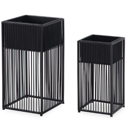 FineBuy Blumentopf 2er Set Metall Pflanzkübel Schwarz mit Gestell, Design Pflanzenkübel Quadratisch, Blumenkübel Pflanzgefäß Indoor