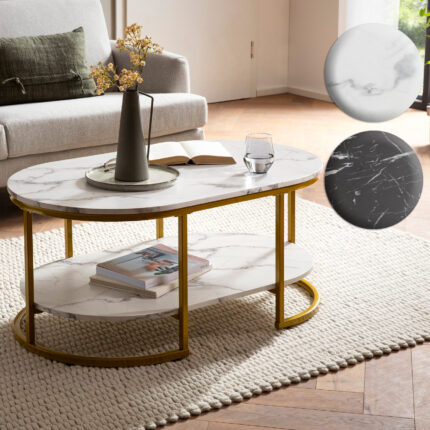 FineBuy Couchtisch 100x60x45 cm Marmor Optik, Design Wohnzimmertisch Rechteckig, Lounge Sofatisch mit Ablage, Kaffeetisch Modern mit goldenem Metallgestell