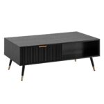 FineBuy Couchtisch 110x60x43 cm Schwarz mit Eiche-Dekor Wohnzimmertisch, Sofatisch Rechteckig mit Stauraum, Kaffeetisch mit Schubladen, Tisch Wohnzimmer mit Metallbeine