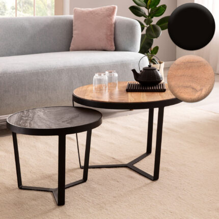 FineBuy Couchtisch 2er Set Akazie Massivholz / Steinoptik Wohnzimmertisch Rund, Satztisch mit Metallgestell, Kaffeetisch Modern, Sofatisch Verschachtelungstisch 2-teilig