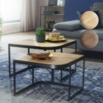 FineBuy Couchtisch 2er Set Mango Massivholz / Metall Wohnzimmertisch Braun, Industrial Satztisch Beistelltisch Metallbeine Schwarz, Tischset 2-teilig Satztisch Holz