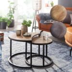 FineBuy Couchtisch 2er Set Mango Massivholz / Metall Wohnzimmertisch Rund, Industrial Beistelltisch mit Metallbeine Schwarz, Tischset 2-teilig Satztisch Holz