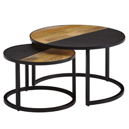 FineBuy Couchtisch 2er Set Mango Massivholz / Stein-Optik Sofatisch Rund Modern, Design Beistelltisch 2-teilig, Runde Wohnzimmertische, Holztisch Satztische Metall