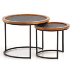FineBuy Couchtisch 2er Set Mango Massivholz / Steinoptik Wohnzimmertisch Rund, Satztisch mit Metallgestell, Kaffeetisch Modern, Sofatisch Verschachtelungstisch 2-teilig Braun / Anthrazit