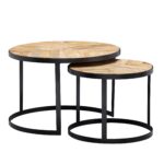 FineBuy Couchtisch 2er Set Massivholz / Metall Wohnzimmertisch Industrial Rund, Beistelltisch mit Metallbeine Schwarz, Tischset 2-teilig Satztisch Holz