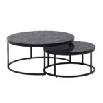 FineBuy Couchtisch 2er Set Schwarz Marmor Optik Sofatisch Rund Modern, Beistelltisch 2-teilig Metall, Runde Wohnzimmertische, Design Satztische