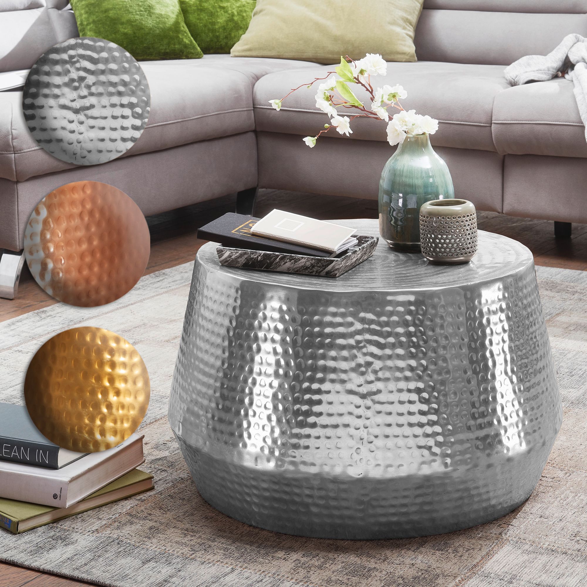 FineBuy Couchtisch 60 x 36 x 60 cm Aluminium Beistelltisch Orientalisch rund FineBuy Couchtisch 60 x 36 x 60 cm Aluminium Beistelltisch Orientalisch rund, Flacher Hammerschlag Sofatisch Metall, Design Wohnzimmertisch modern, Loungetisch indisch Stubentisch klein - Image 1