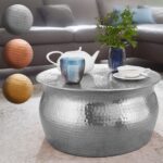 FineBuy Couchtisch 60x30,5x60cm Aluminium Beistelltisch orientalisch rund, Flacher Hammerschlag Sofatisch Metall, Design Wohnzimmertisch modern, Loungetisch indisch Stubentisch klein