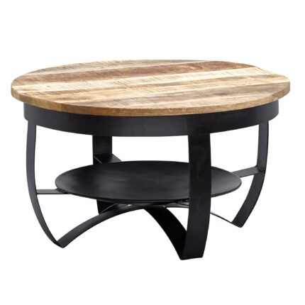 FineBuy Couchtisch 60x34x60 cm Mango Massivholz / Metall Industrial Schwarz Rund, Sofatisch Wohnzimmertisch Massiv, Kleiner Tisch Salontisch Wohnzimmer
