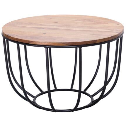 FineBuy Couchtisch 60x39x60cm Sheesham Massivholz / Metall Korbtisch, Design Sofatisch, Wohnzimmertisch rund, Holztisch Kaffeetisch massiv, Tisch Wohnzimmer