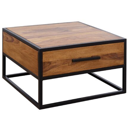 FineBuy Couchtisch FB51417 Massivholz / Metall Sofatisch 65x38x65cm, Design Wohnzimmertisch Sheesham, Stubentisch Industrial Braun, Designer Holztisch Kaffeetisch Massiv mit Schublade