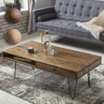 FineBuy Couchtisch HARLEM Massiv-Holz 110 cm breit Wohnzimmer-Tisch Design Metallbeine Landhaus-Stil Beistelltisch Schublade