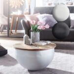 FineBuy Couchtisch Mango 60x34x60 cm Massivholz Metall Tisch Industrial Rund, Design Wohnzimmertisch mit Stauraum, Loungetisch Sofatisch Modern