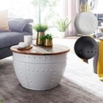 FineBuy Couchtisch Mango 60x36x60 cm Massivholz Metall Industrial Rund, Design Wohnzimmertisch mit Stauraum, Loungetisch Sofatisch Modern