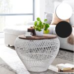 FineBuy Couchtisch Mango Massivholz Metall 60x60x45 cm Rund mit Stauraum, Design Wohnzimmertisch Korbtisch Modern, Beistelltisch Sofatisch Wohnzimmer