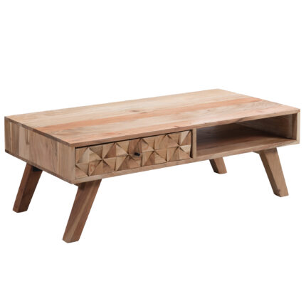 FineBuy Couchtisch REWA 95x35x50 cm Akazie Massivholz Sofatisch, Wohnzimmertisch mit Schublade, Stubentisch braun, Holztisch Kaffeetisch massiv, Tisch