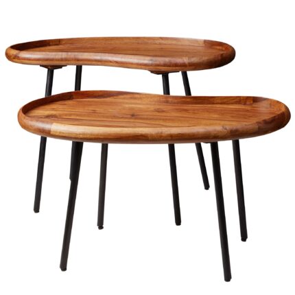 Finebuy Couchtisch Set FB52620 Sheesham Massiv Satztisch Nierenform mit Metallbeinen, Wohnzimmertische Massivholz, Kleine Nierentische Echtholz, Stubentische Holz, Beistelltisch-Set Modern