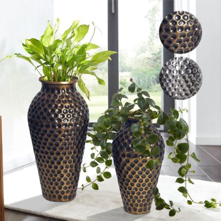 FineBuy Deko Vase 2er Set Aluminium Amphore Blumenvase Modern, Dekovase Rund 2-teilig für Blumen, Alu Tischvase Wohndeko Metall Tischdeko Handgefertigt