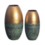FineBuy Deko Vase 2er Set Aluminium Gold Patina Blumenvase Modern, Dekovase Punziert Rund 2-teilig für Blumen, Alu Tischvase Wohndeko Metall Tischdeko Handgefertigt