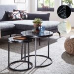 FineBuy Design Beistelltisch 2er Set Marmor Optik Rund, Couchtisch 2-teilig Tischgestell Metall, Kleine Wohnzimmertische, Moderne Satztische