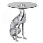 FineBuy Design Beistelltisch Ø40cm Runder Couchtisch Hund 50 cm Hoch Aluminium Tierfigur Ausgefallener Wohnzimmertisch Silber Deko Tisch