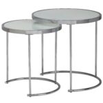 FineBuy Design Beistelltisch Rund Ø 50/42 cm - 2 teilig Weiß Silber mit Glasplatte, Wohnzimmertisch 2er Set, Satztisch Milchglas, Couchtisch
