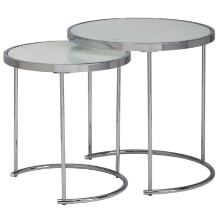 FineBuy Design Beistelltisch Rund Ø 50/42 cm - 2 teilig Weiß Silber mit Glasplatte, Wohnzimmertisch 2er Set, Satztisch Milchglas, Couchtisch